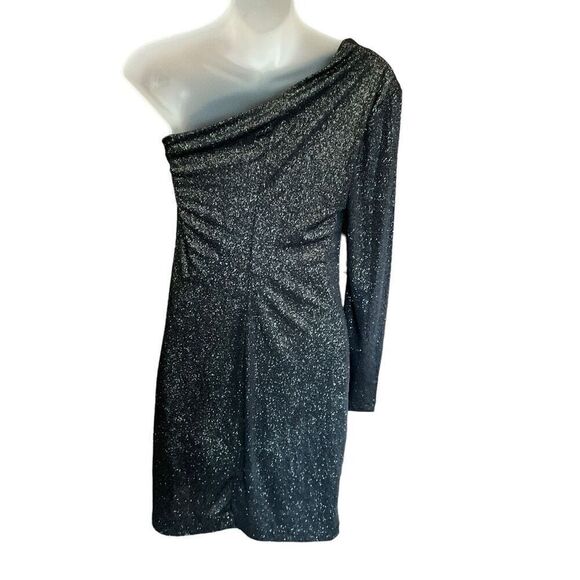 Allen B by Allen Schwartz Black Sparkle One-Sleeve Mini Glitter Party Dress XS - Picture 2 of 8